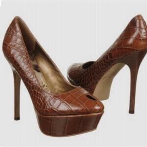 SAM EDELMAN Niland Brown Leather Croc Peep Toe Platform Heels size 8